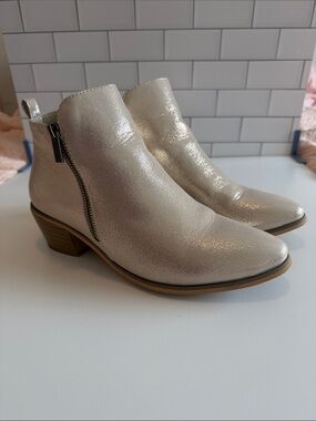 Shimmery Golden Cream Ankle Booties with Side Zip - Women's Elegant Booties